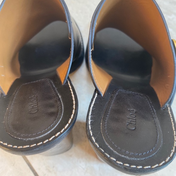 Chloé Chunky Heel Gold Buckle Calf Skin Mule - Picture 4 of 6